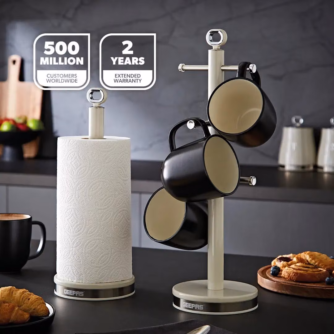 Geepas Retrovive Mug Tree and Towel Pole Set in Beige Metal with Non-Slip Base – 1