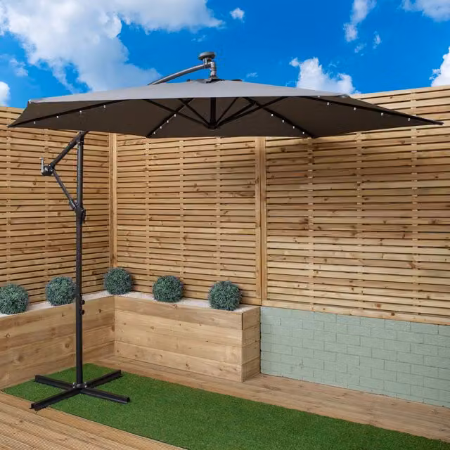 Samuel Alexander Grey Solar Powered Cantilever Banana Garden Parasol with White LED Lights and Crank Handle, W/D/H: 300 x 300 x 240 cm