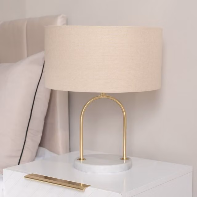 Rachel Arch Marble Base Table Lamp with Linen Shade in Gold and Beige