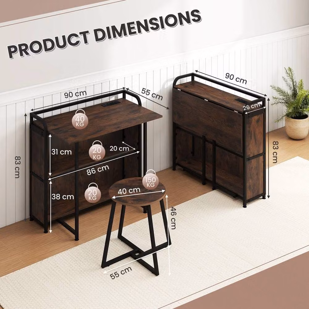 VOGREX Portable Desk Stool with Storage Shelves in Brown – 2