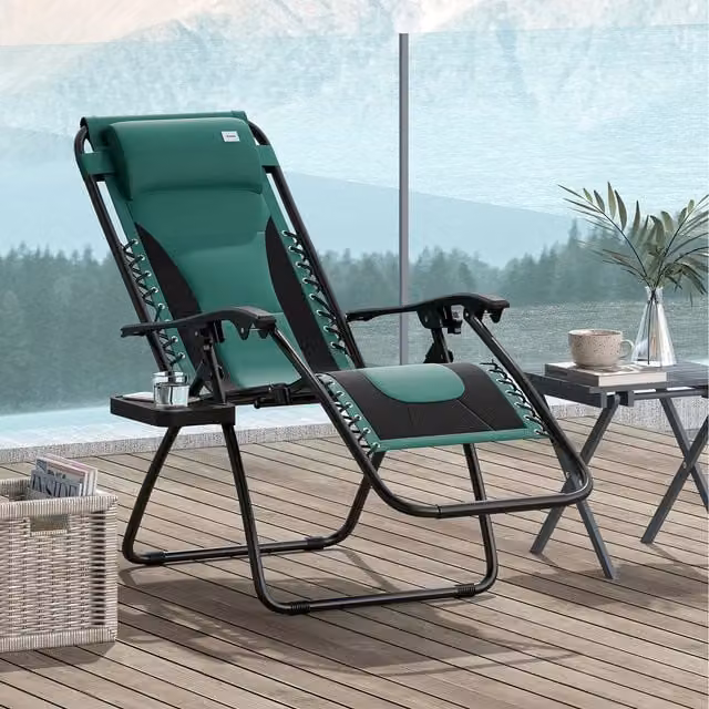 Outsunny Zero Gravity Folding Recliner Lounger with Cup Holder and Pillow, Green