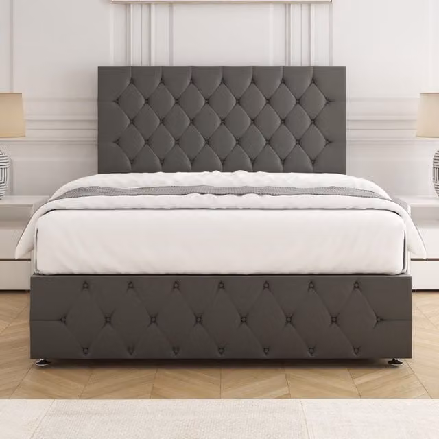 BSSPOKE Mulberry King Size Divan Bed with Plush Headboard and Footboard in Grey Velvet Fabric, W/D/H: 180 x 200 cm