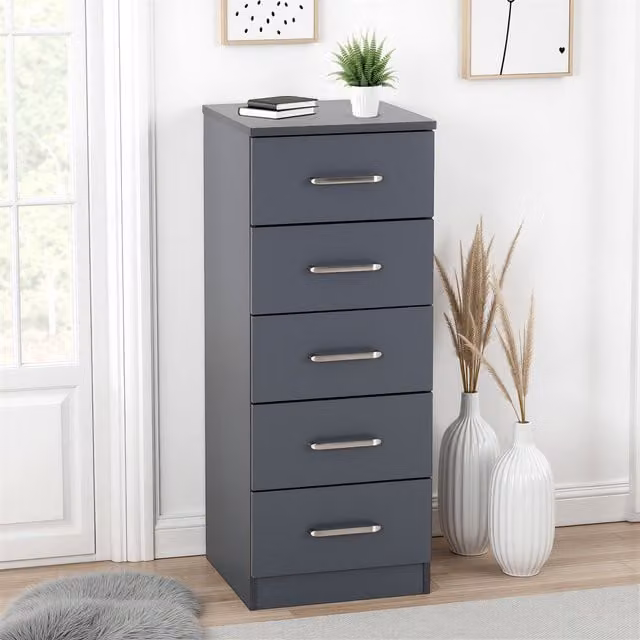 Seconique Dakota 5 Drawer Narrow Chest in Dark Grey