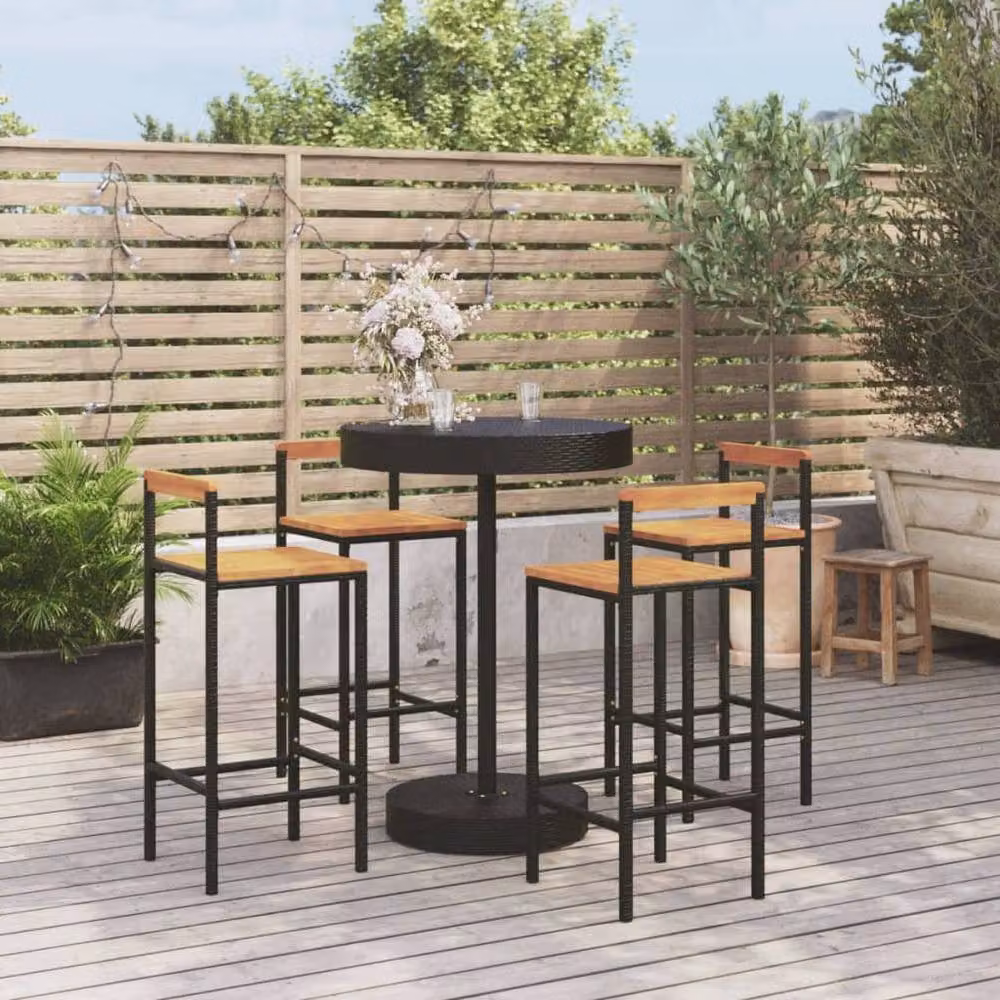Berkfield Home Beautiful 5 Piece Garden Bar Set in Black Poly Rattan and Solid Acacia Wood – 2