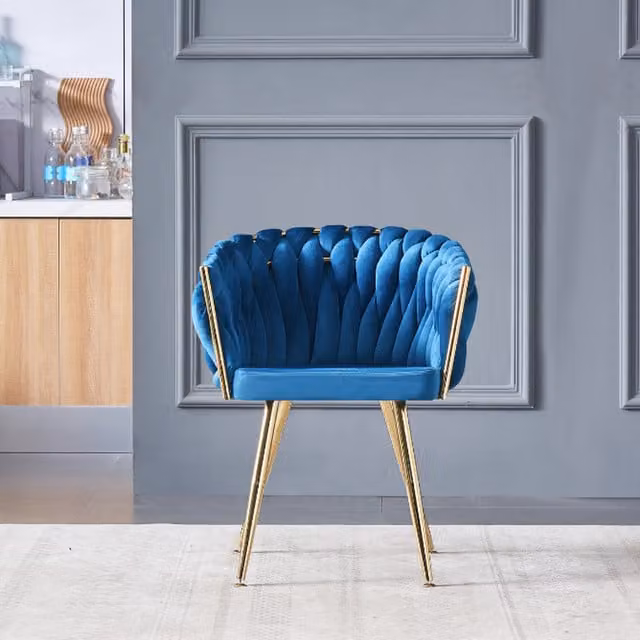Life Interiors Set of 2 Roma Knot Velvet Dining Chairs with Armrests in Blue and Gold