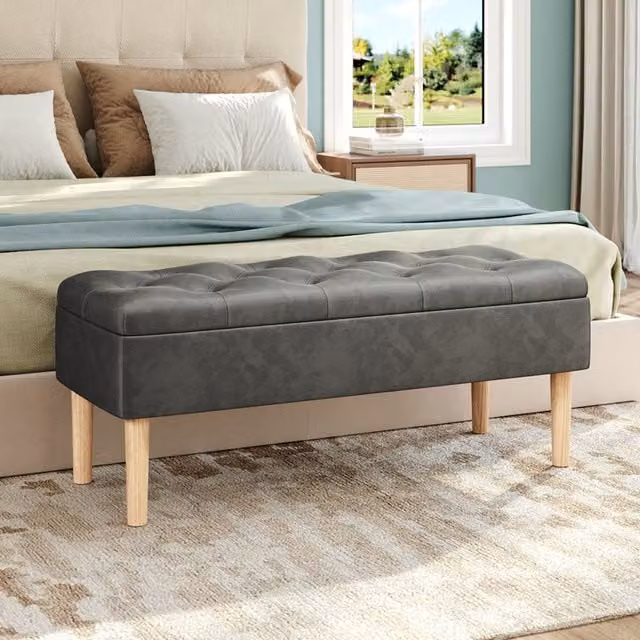 Lifeideas Modern Grey Velvet Upholstered Rectangular Storage Ottoman