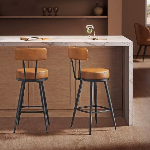 The Bazaarist Set of 2 Modern Swivel Bar Chairs with Backrest in Camel Brown PU Leather
