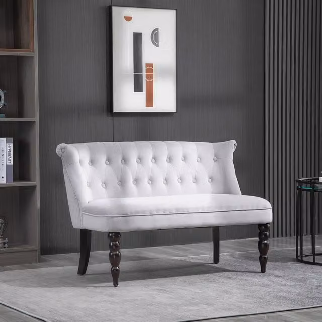 HOMCOM Modern Grey Velvet Button Tufted Two-Seat Loveseat with Solid Rubberwood Frame