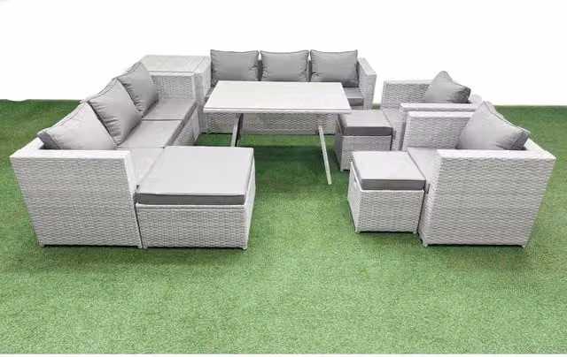 Fimous 11-Seater PE Rattan Garden Sofa and Dining Set with Tempered Glass Table in Light Grey
