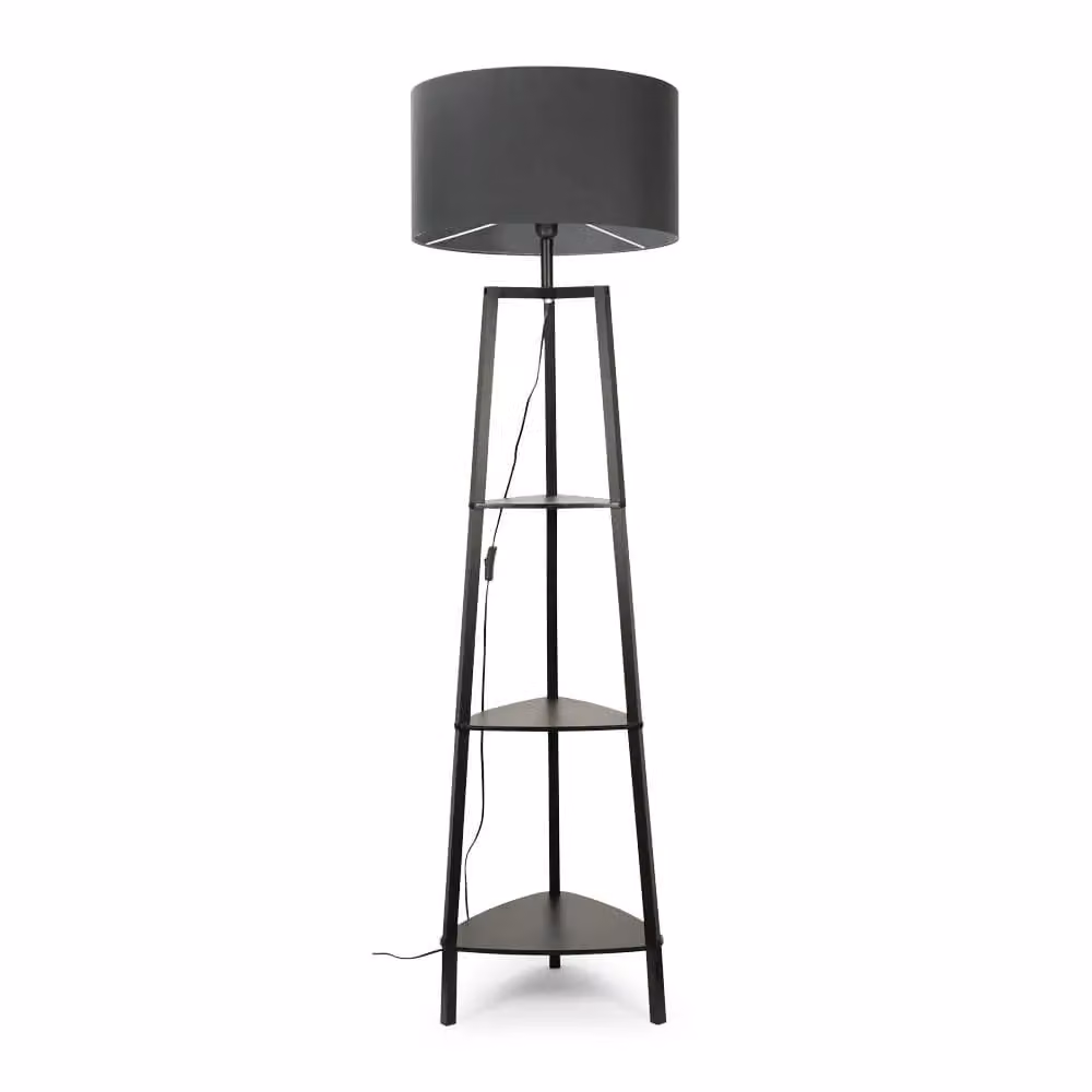 ValueLights Hiru Black 3 Tier Wooden Floor Lamp with Charcoal Fabric Drum Shade – 2