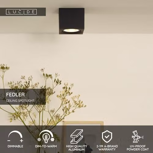 Lucide FEDLER Dimmable Surface Mounted LED Ceiling Spotlight in Black with GU10 Bulb – 2