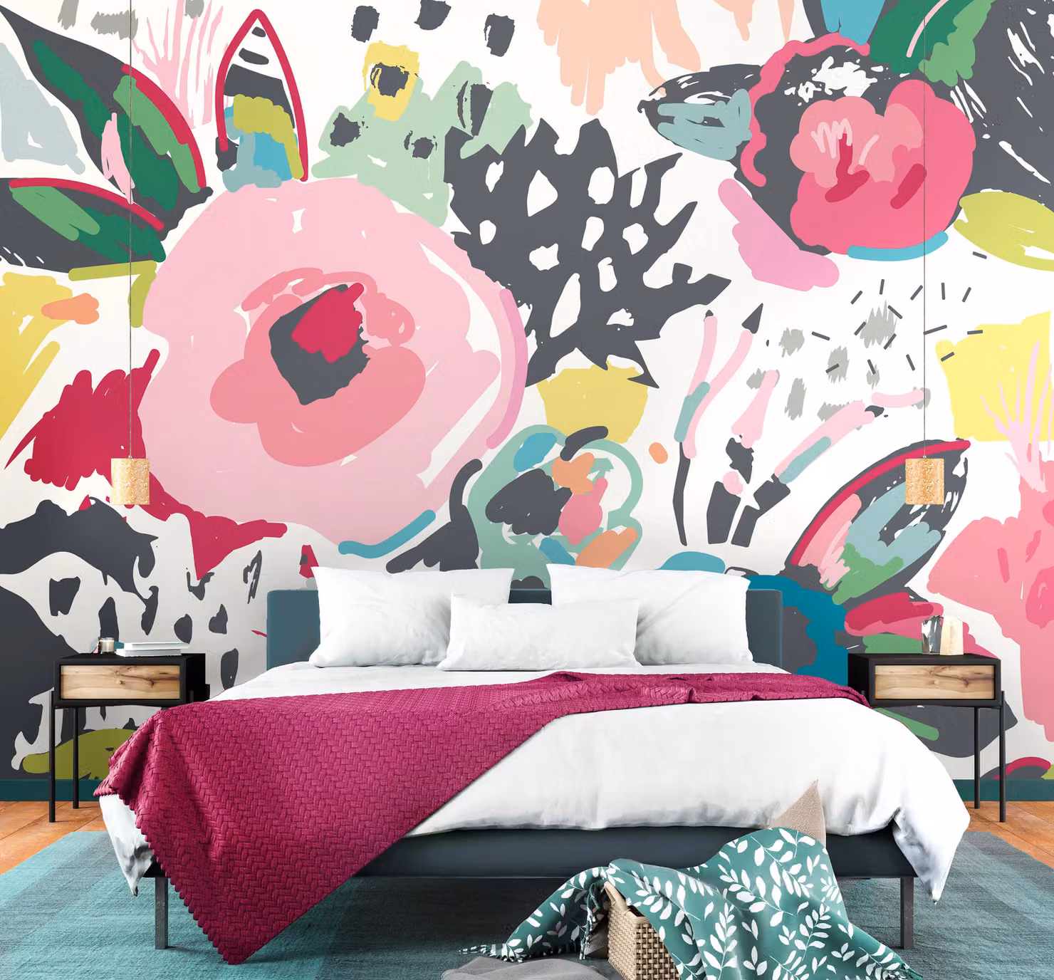 Origin Murals Abstract Floral Wall Mural in Raspberry, W: 300 cm, H: 240 cm – 2