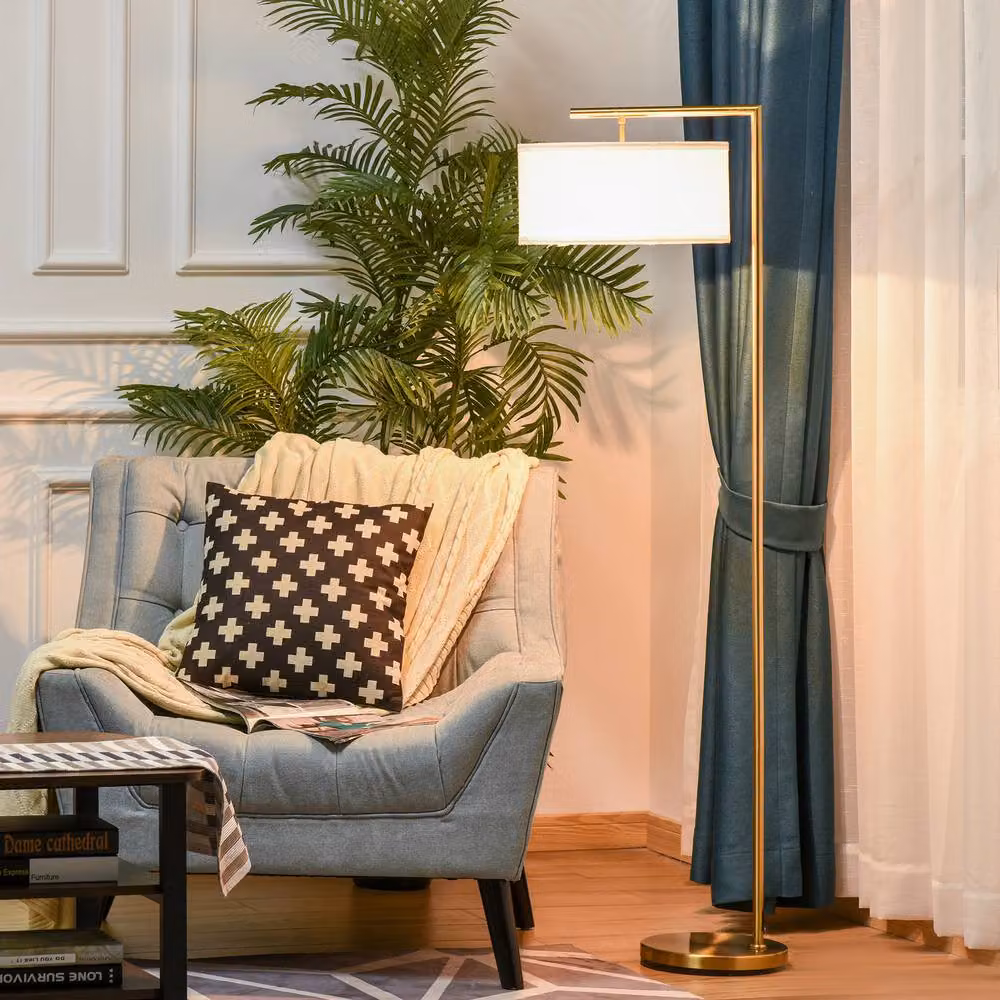 HOMCOM Modern Tall Floor Lamp with White Fabric Cylinder Shade and Gold/Brass Metal Base, E27 Holder, Height: 153 cm – 2