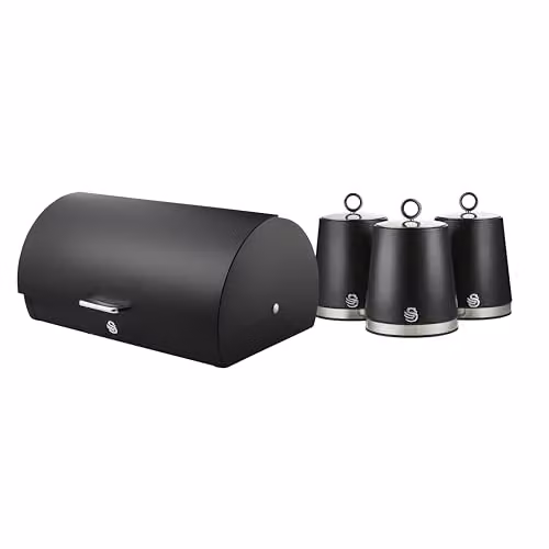 SWAN Serenity Black Bread Bin with Ventilation and Roll Top Lid (14 L) and Set of 3 Airtight Kitchen Storage Canisters (1.3 L)