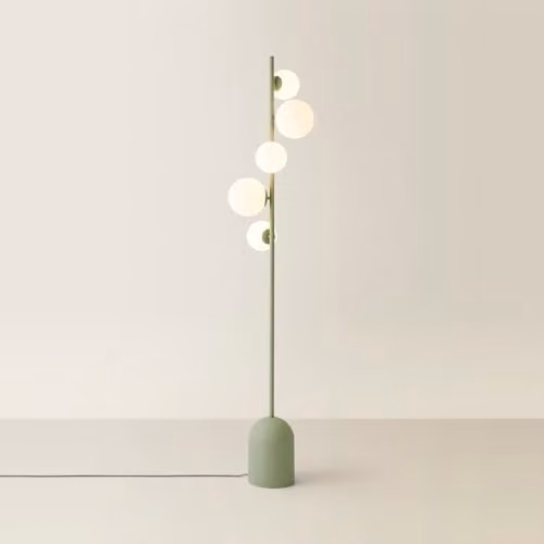ValueLights Sage Green 5 Way Standing Floor Lamp with Glass Globe Lampshades and Included LED Bulb, H 165 cm x W 32 cm x D 32 cm