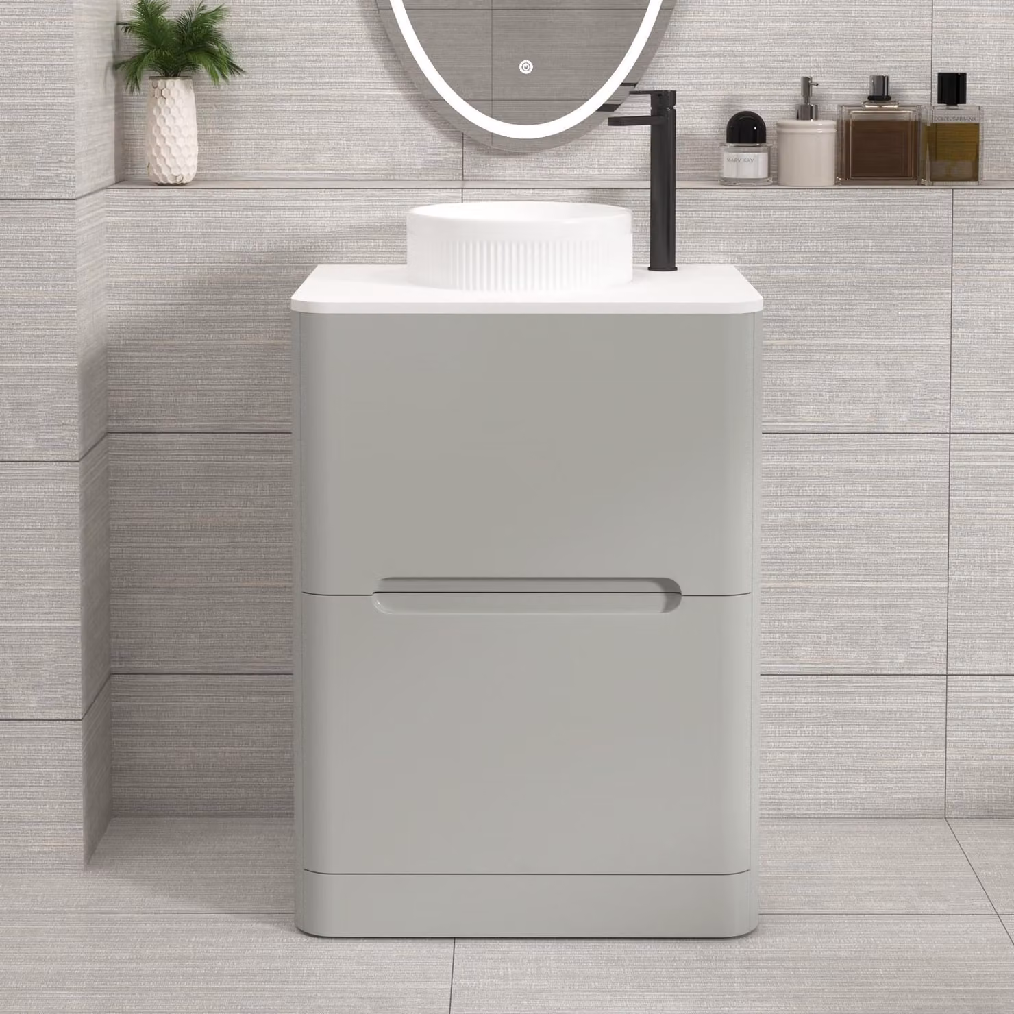 Royal Bathrooms Venice 600mm Floor Standing Vanity Unit in Dove Grey with Plain White Worktop and Round Basin