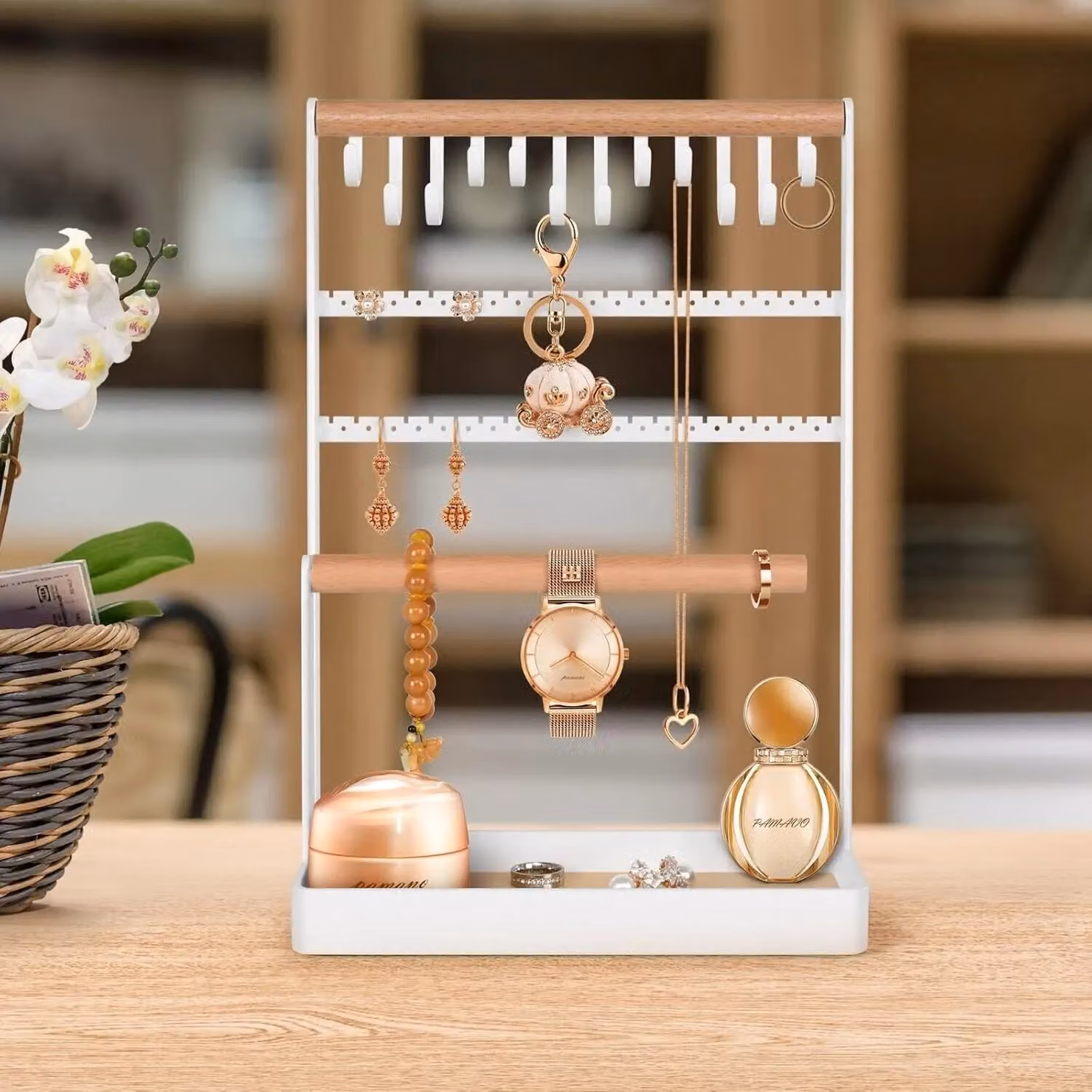 Xample 5 Tier Wooden Jewelry Organizer Stand for Necklaces, Earrings and Bracelets in White, W/D/H: 32.0 x 22.0 x 10.0 cm – 2