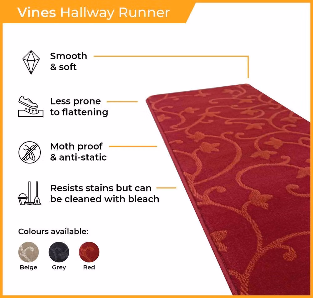 runrug Vines Red Floral Hallway Carpet Runner Rug, W/D/H: 60 x 420 cm – 2