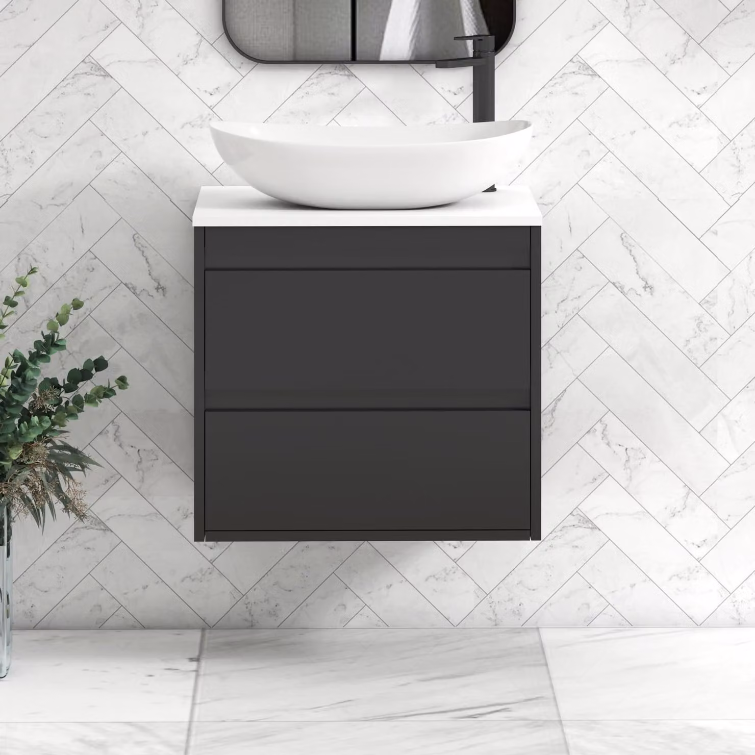 Royal Bathrooms Orion 600mm Wall Hung Vanity Unit with Cesar Basin and 2 Drawers in Matt Obsidian Black and White