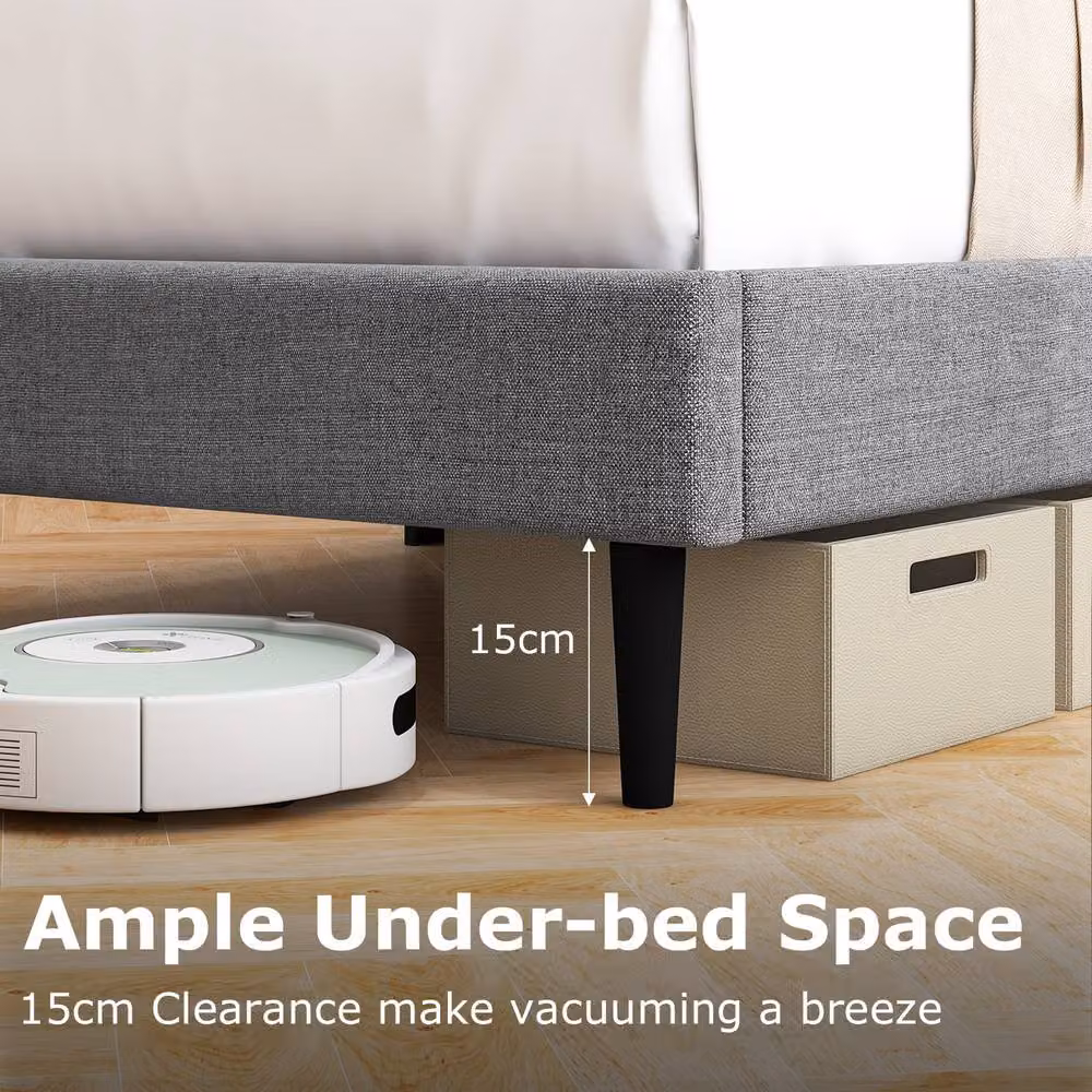Costway Grey Linen Upholstered Double Bed Frame with Headboard, W/D/H: 140 x 200 cm – 2