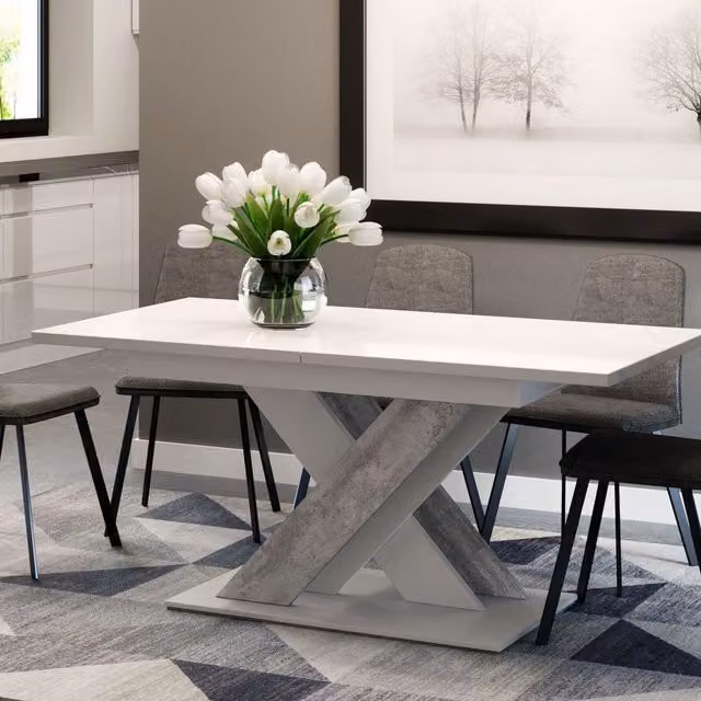 Prospero White Stone Extendable Rectangular Dining Table with Glossy MDF Laminate Finish
