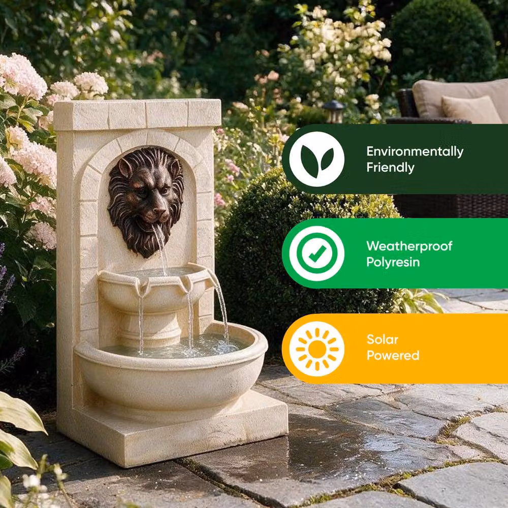 Gardenwize Solar Lion Head Wall Fountain with Battery Backup in Beige, W/D/H: 59 x 22 x 59 cm – 3
