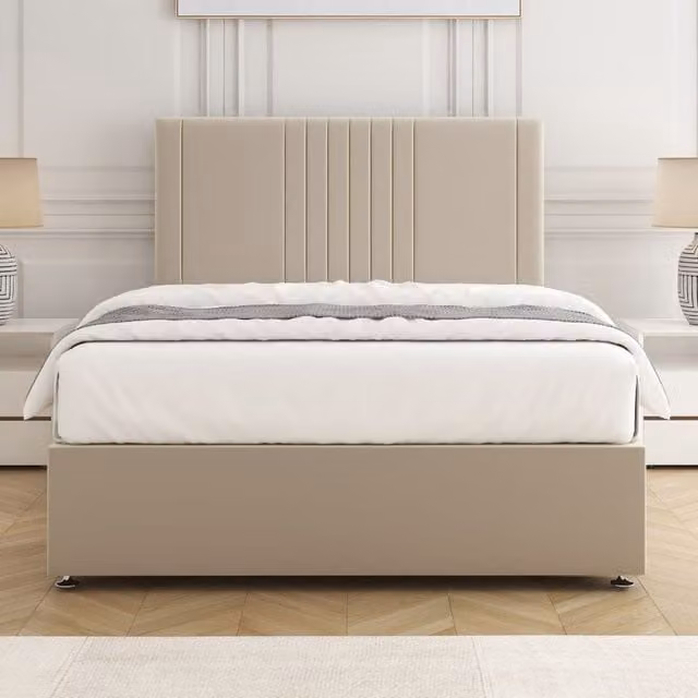 BSSPOKE Monaco Velvet Plush Divan Bed Set with 24 inch Headboard and Mattress in Cream, Single, W/D/H: 90 x 190 cm