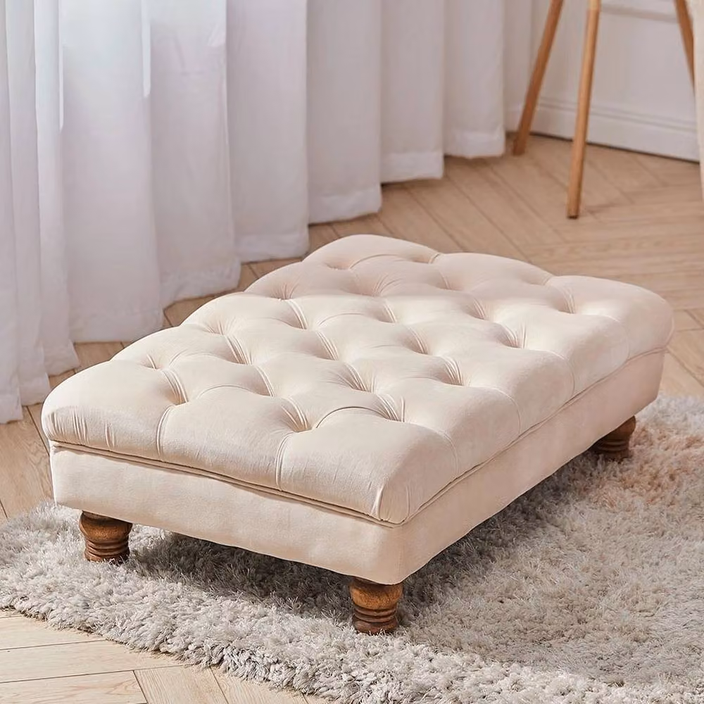 KORVIXA Chesterfield Velvet Upholstered Bench Stool Chair in Beige, W/D/H: 100 x 100 x 100 cm – 2