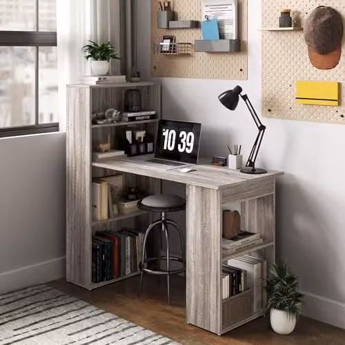 HOMCOM Grey Computer Desk with 6-Tier Bookshelf, Modern Wooden Writing Workstation for Home Office, W: 120 cm, D: 55 cm, H: 24 cm – 5