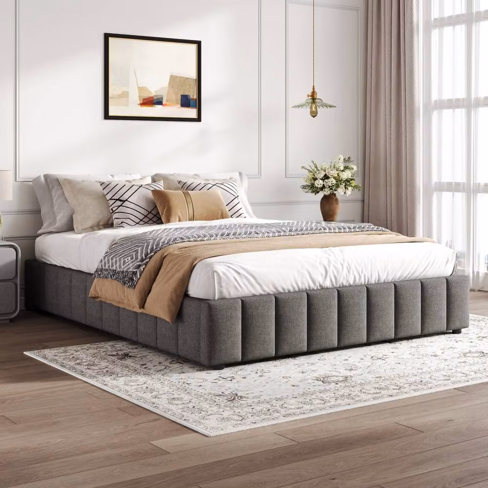 Merax Double Hydraulic Storage Bed in Grey Linen with Lift Up Base, W/D/H: 140 x 200 cm – 3