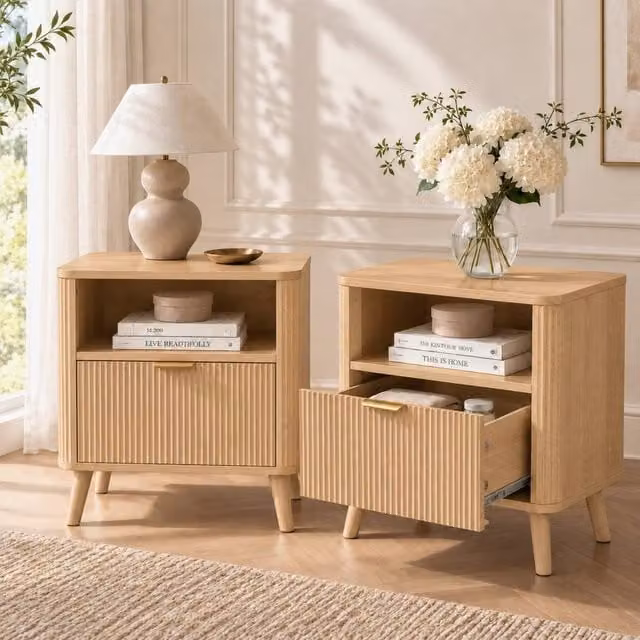Merax Set of 2 Fluted Bedside Tables with Drawer and Open Shelf in Light Oak