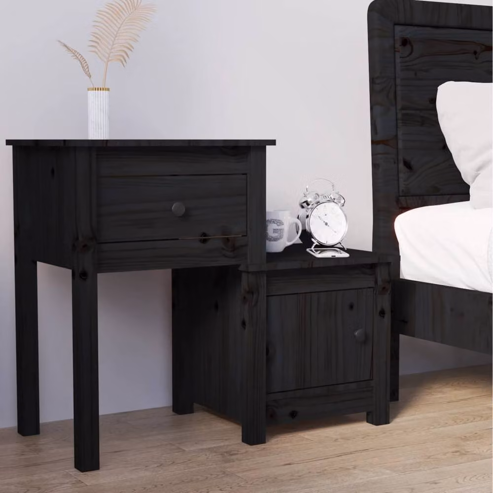 Berkfield Home Black Rustic Solid Wood Pine Bedside Cabinet W/D/H: 79.5 x 38 x 65.5 cm – 2