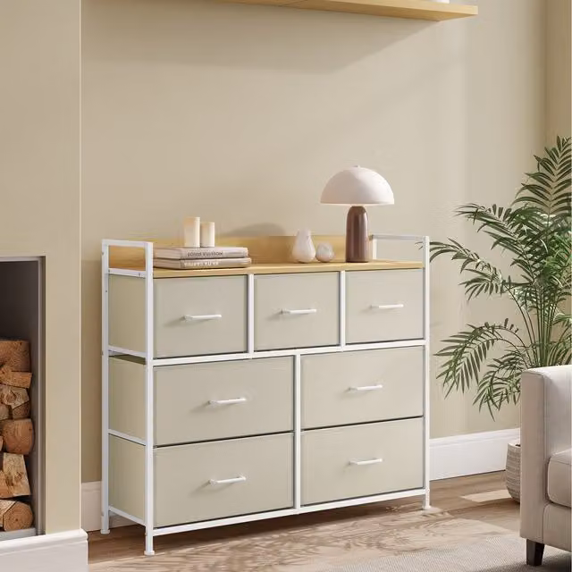 SONGMICS 7 Drawer Fabric Chest of Drawers with Handles in Stone