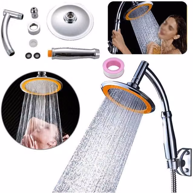 Nordara Turbo Round Overhead Pressure Shower Head in Chrome and Silver with Rain and Massage Settings and Water Saving Technology