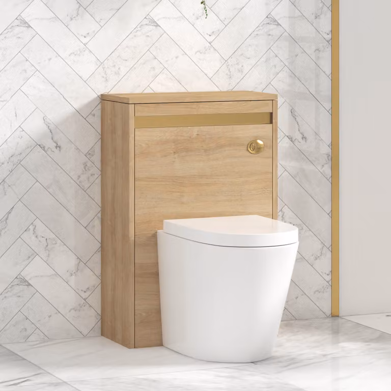 Royal Bathrooms Orion Built-in WC Toilet Unit in Natural Oak with Brushed Brass Accent Trim, W: 54 cm, D: 50 cm