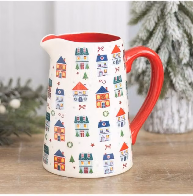 KDMD Christmas Street Print Ceramic Flower Jug in White and Multicolour – 1