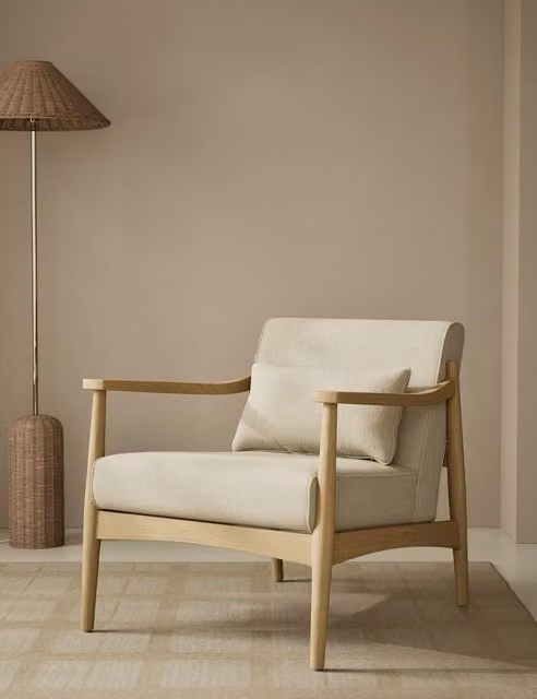 Gallery Direct Sherwood Mid Century Accent Chair in Beige Chenille with Light Oak Solid Wood Frame