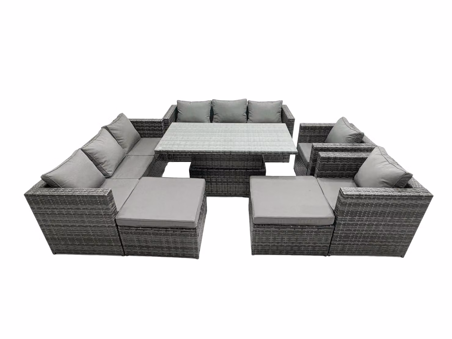 Fimous 10-Seat Rattan Dining Set with Sofa and 2 Stools in Dark Grey – 2