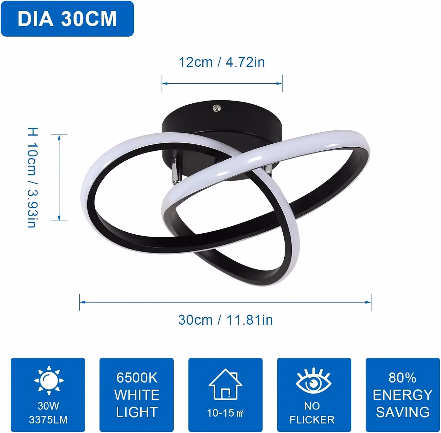 COMELY Modern LED Ring Design Ceiling Light, 30W, Black – 5