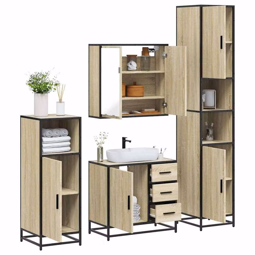 Berkfield Home 4-Piece Bathroom Furniture Set in Sonoma Oak and Light Beige – 2