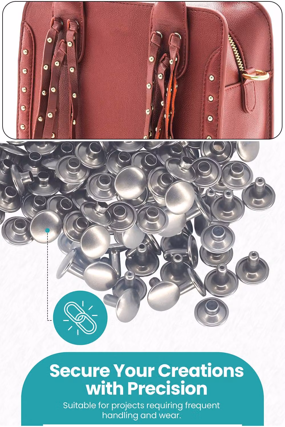 Neel Blue 10mm Double Cap Rivet Tubular Metal Studs, Dark Grey Leather Rivets, 100pcs – 3