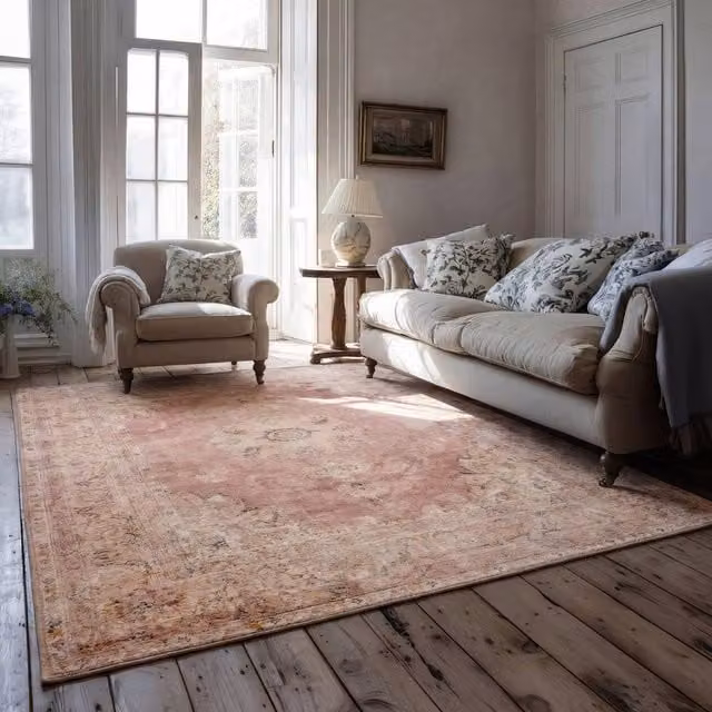 Kukoon Pink Floral Medallion Distressed Machine Washable Living Room Area Rug, W: 80 cm, L: 300 cm