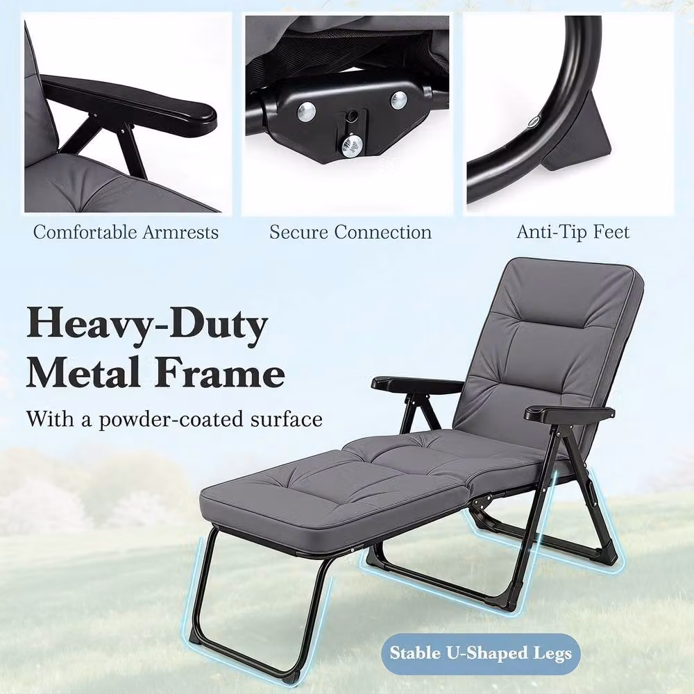 Gymax Foldable Garden Sun Lounger with Adjustable Headrest and Armrests in Grey – 5