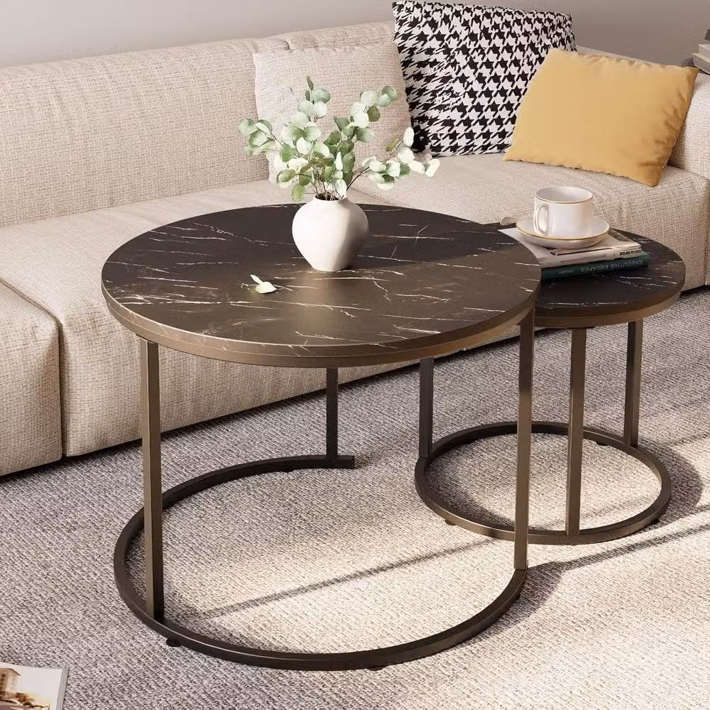Huhote Set of 2 Round Nesting Coffee and Side Tables with Black Wood and Marble Finish – 3