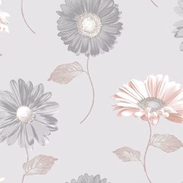 Muriva Botanical Floral Daisy Metallic Wallpaper in Grey, Pink and Gold