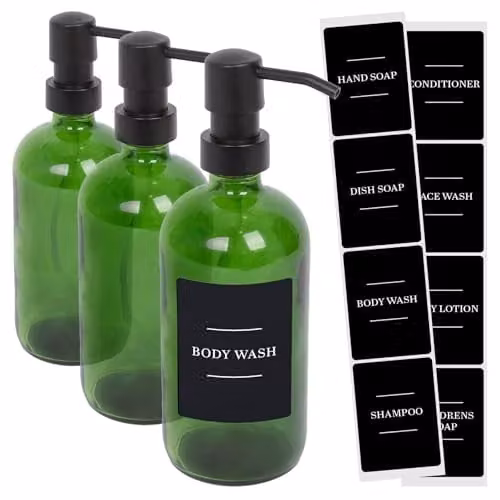 Harbour Housewares Pack of 3 Green Glass Soap Dispensers with Black Labels and Pumps, 500ml