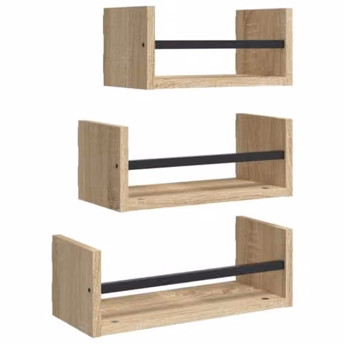vidaXL 3 Piece Wall Mounted Shelf Set with Bars in Sonoma Oak and Brown – 1