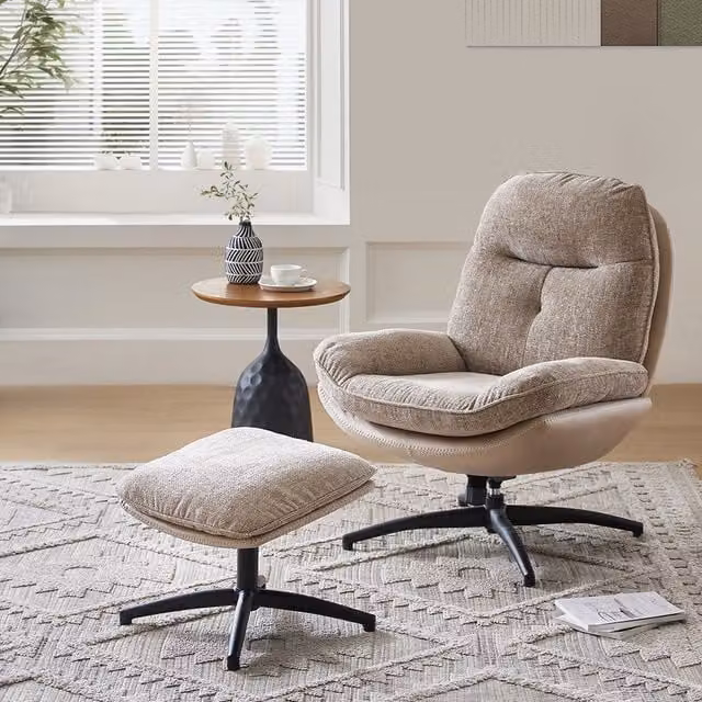 Komore Modern Fabric Swivel Tub Lounge Chair and Ottoman Set in Brown