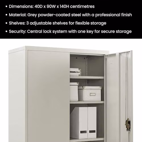 MMT Furniture Designs Ltd Metal Storage Cabinet with Lockable Hinged Doors and Adjustable Shelves, Grey, H 140 cm x W 90 cm x D 40 cm – 5