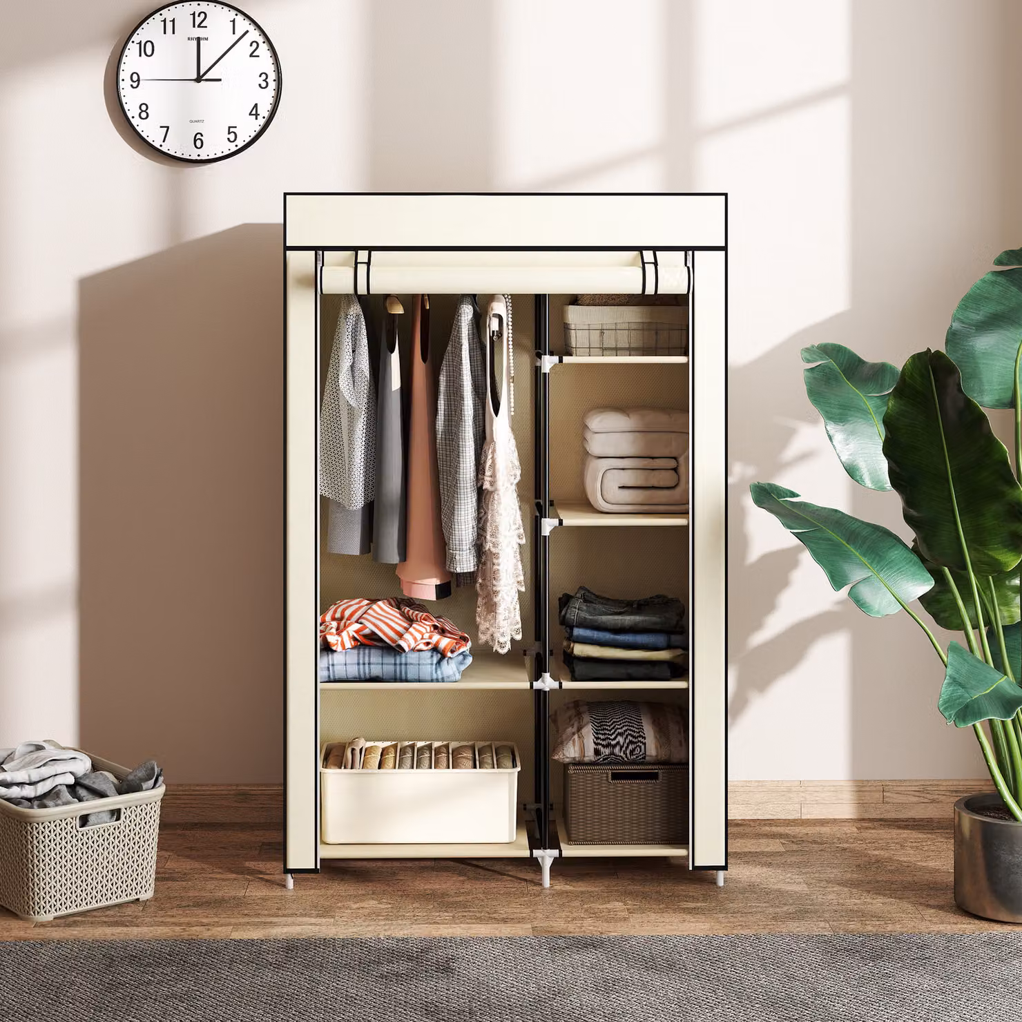 HOMCOM Portable Fabric Wardrobe with Hanging Rail and Shelves, White, W/D/H: 103 x 43 x 162.5 cm – 3